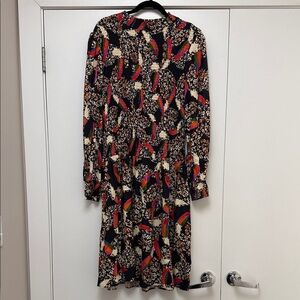 Black Floral Rainbow Partot Print Long Sleeve Midi Dress